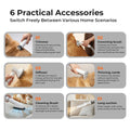 Dog grooming accessories with text describing their uses on a white background
