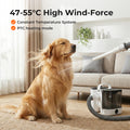 Dog sitting on a carpet next to a vacuum grooming cleaner with text about high wind force and temperature system.