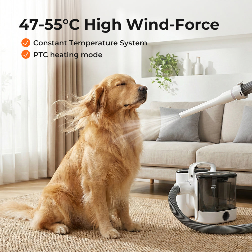 Dog sitting on a carpet next to a vacuum grooming cleaner with text about high wind force and temperature system.
