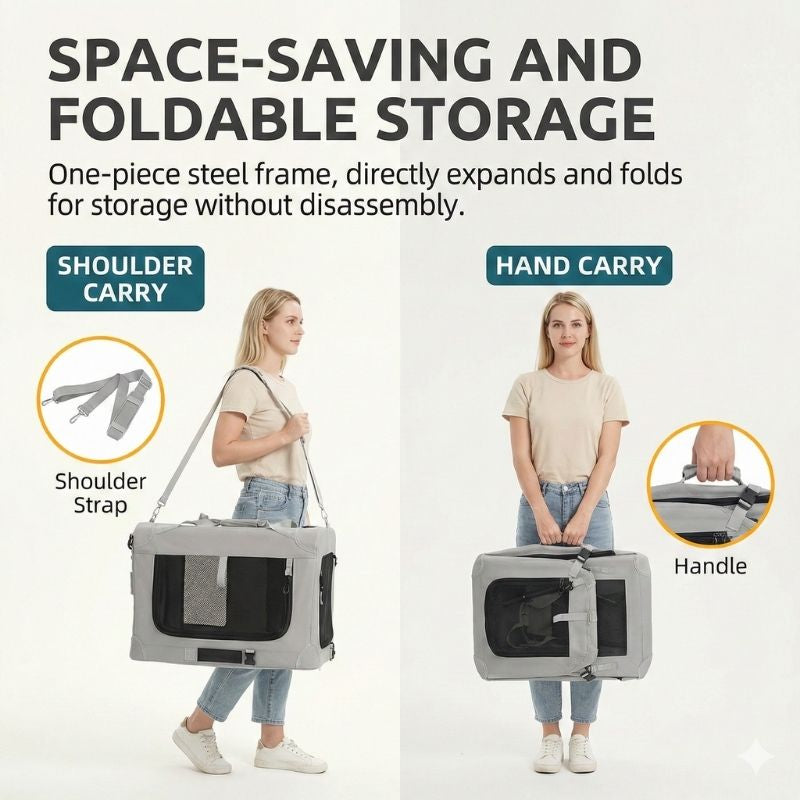 Foldable pet carrier with shoulder strap and handle, shown being carried by a person.