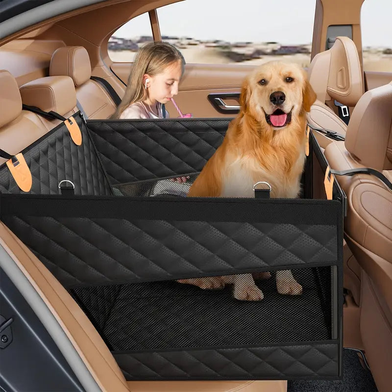 Dog car seat cover installed in back seat with hardboard support