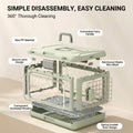 Green cat carrier drying rack with features highlighted on a beige background