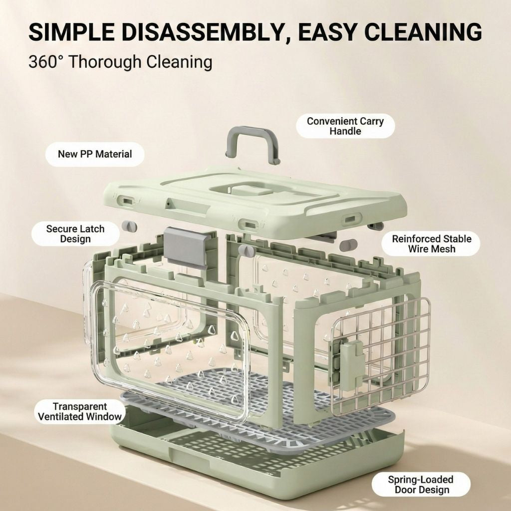 Green cat carrier drying rack with features highlighted on a beige background