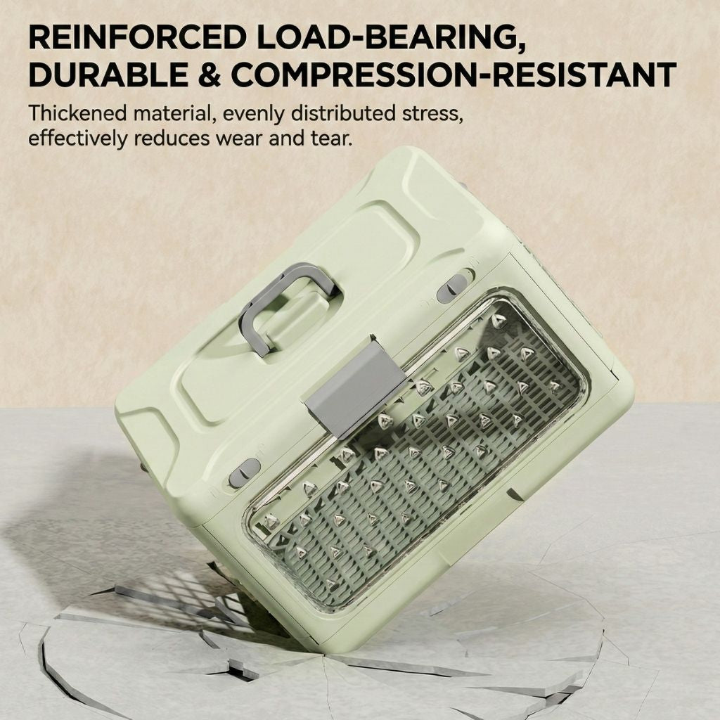 Green hard cat carrier with text about reinforced load-bearing and compression-resistance on a beige background