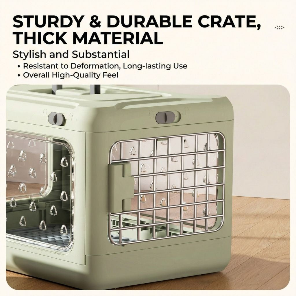 Green pet crate with text highlighting its sturdiness and durability on a light background