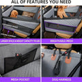 Infographic showing features: expanded space, mesh pocket, dog harness, breathable mesh