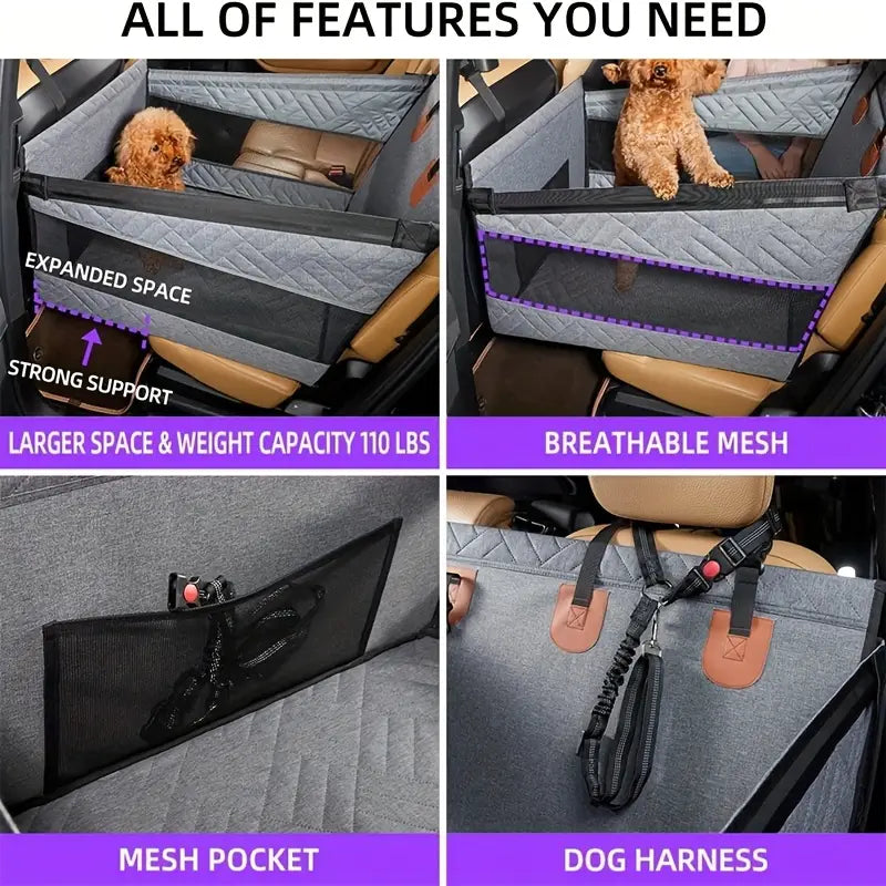 Infographic showing features: expanded space, mesh pocket, dog harness, breathable mesh