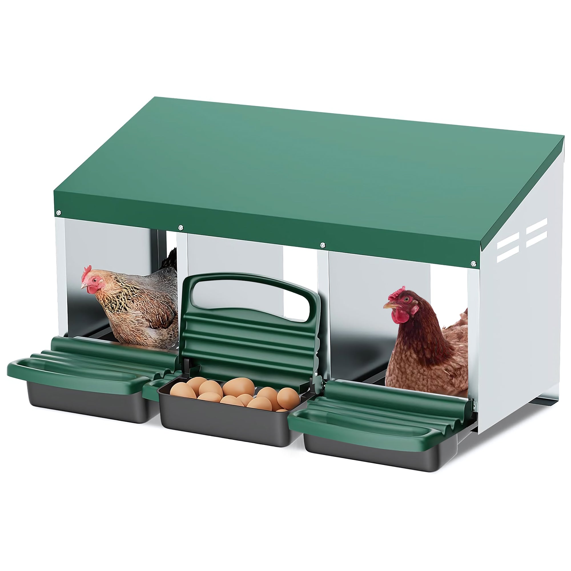 Metal Chicken Laying Nest Box Roll Away 3-Hole Green