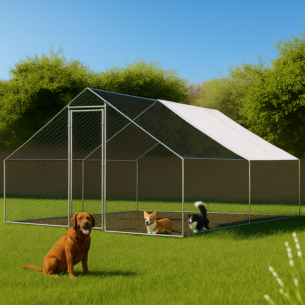 Large outdoor dog kennel with roof in backyard