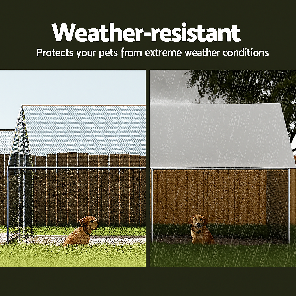 Large outdoor dog kennel with roof in backyard