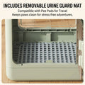 Pet carrier box with removable urine guard mat on a wooden floor