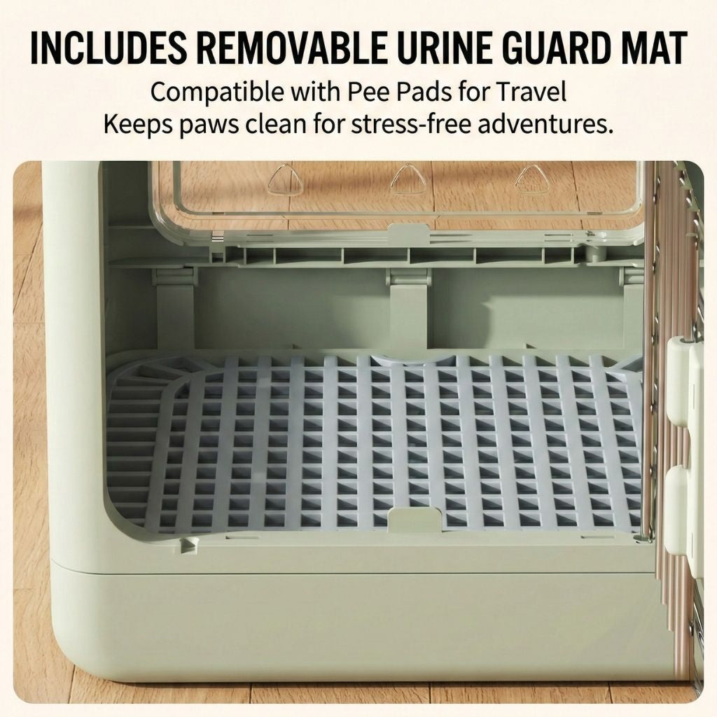 Pet carrier box with removable urine guard mat on a wooden floor