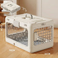 Pet carrier with dimensions on a wooden floor