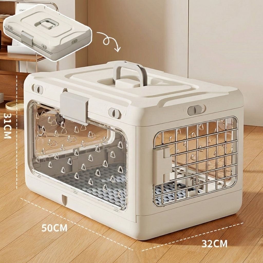 Pet carrier with dimensions on a wooden floor
