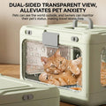 Pet carrier with transparent side for dual-sided visibility, featuring a cat inside.