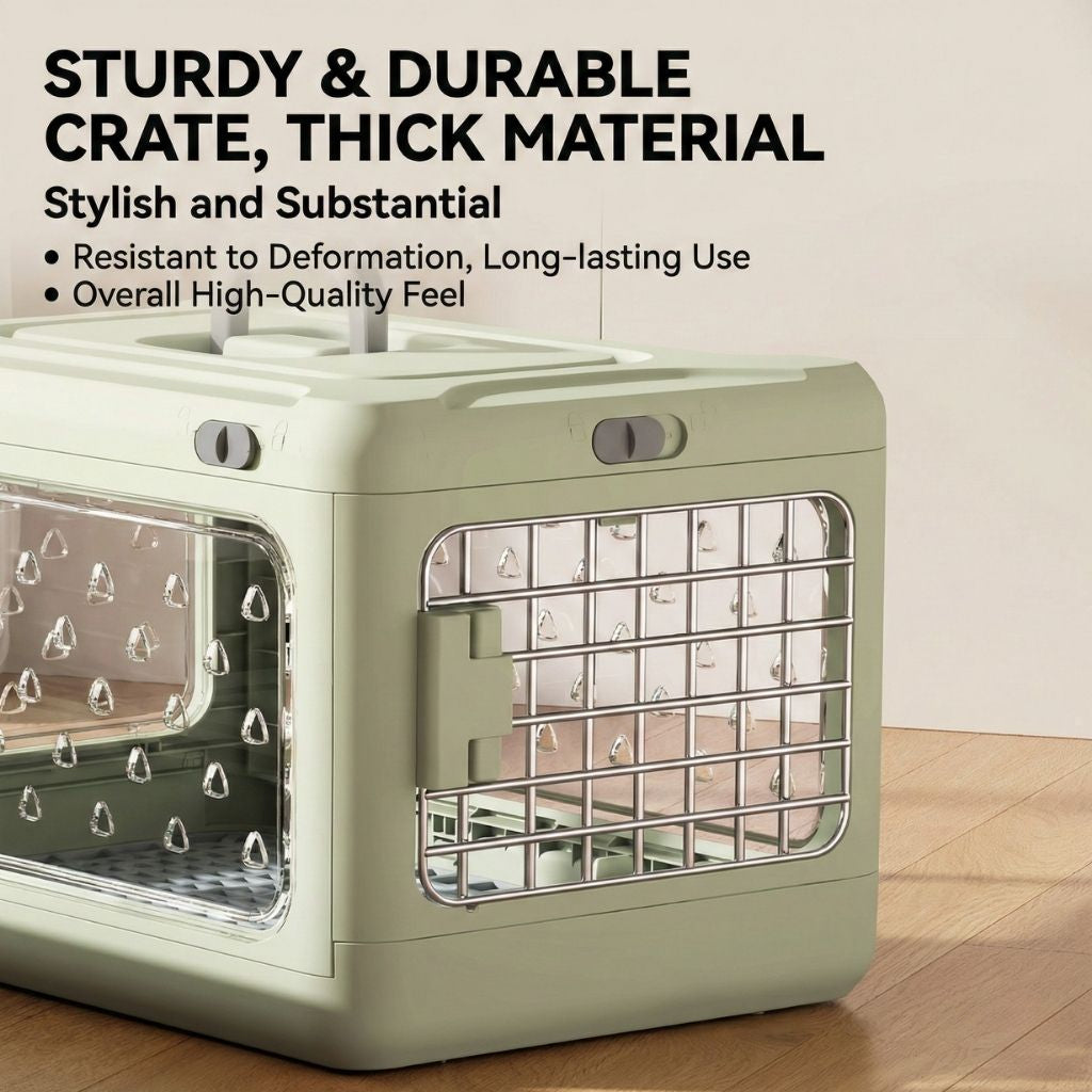 Pet crate with text highlighting its sturdiness and durability on a neutral background