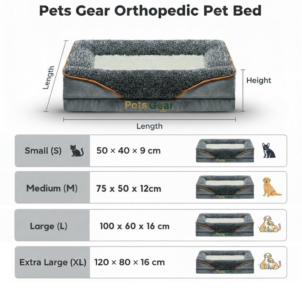 Pets Gear Orthopedic Dog Bed size chart