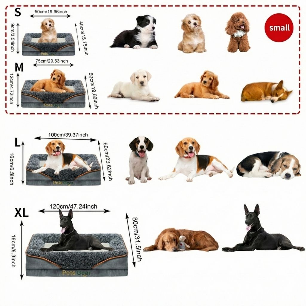 Pets Gear Orthopedic Dog Bed size chart with dogs