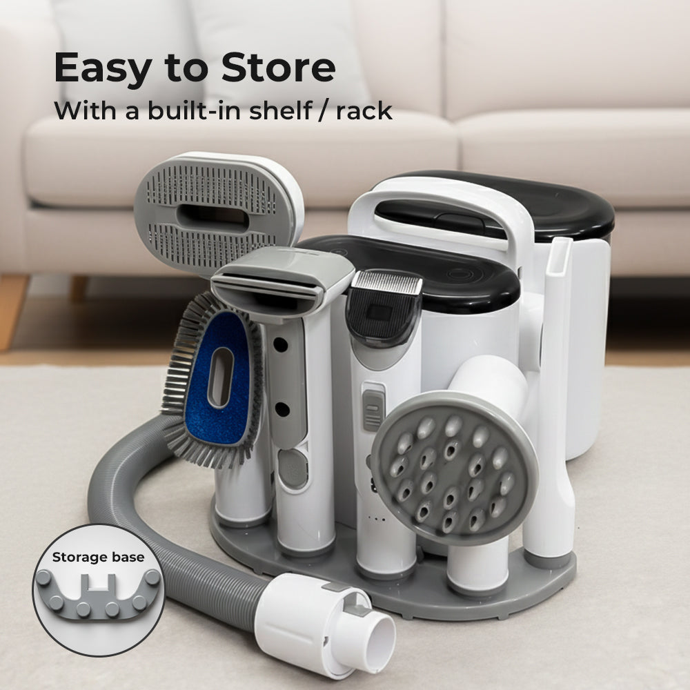 Set of cleaning dog grooming kit with a storage base on a light-colored surface.