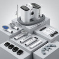 Set of dog grooming kit including a hair dryer, attachments, and a vacuum cleaner on a gray background.