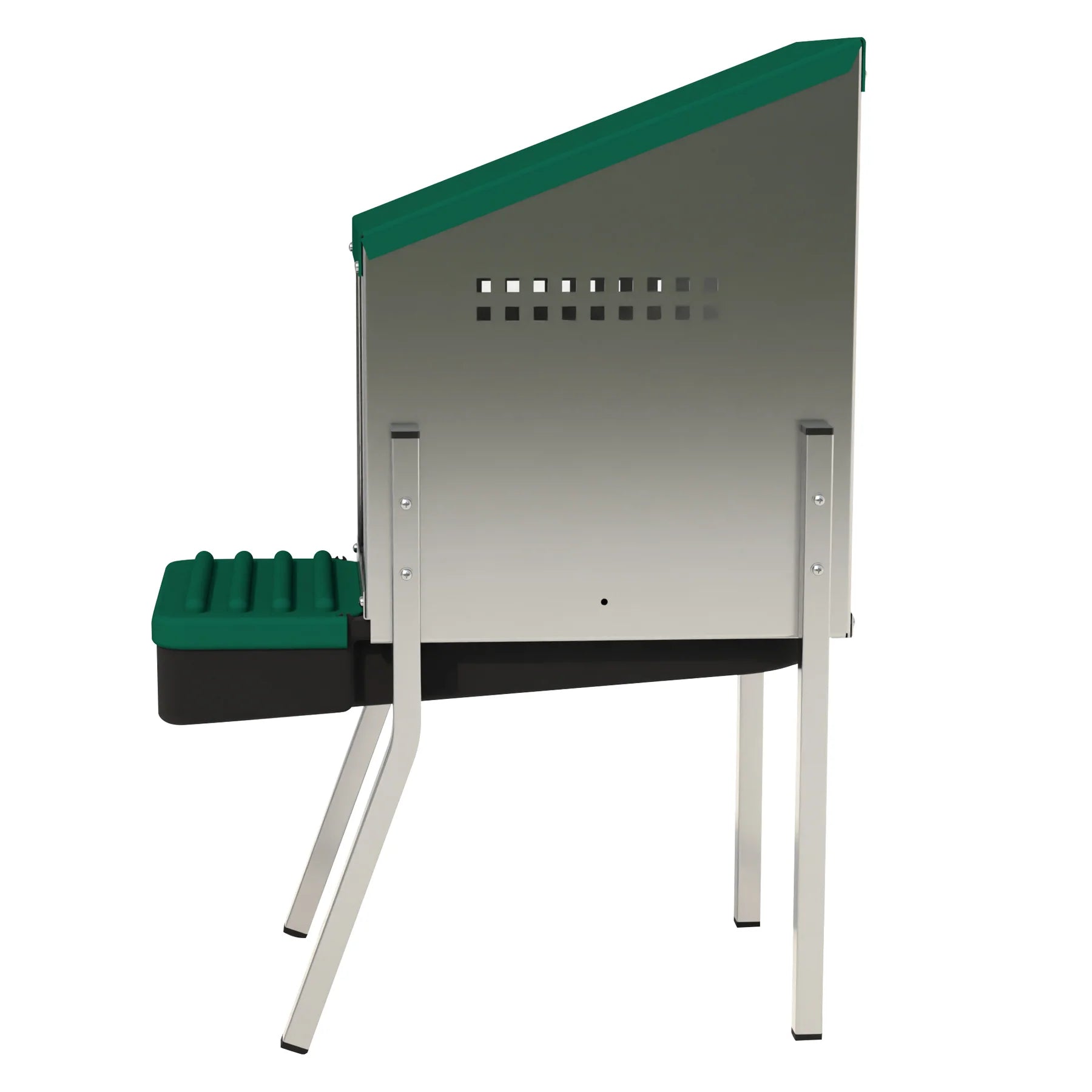 Side view of elevated rollaway chicken nest box with lidded collection tray and sturdy freestanding legs