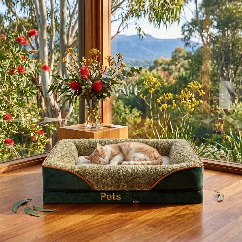 Cat sleeping on a Pets Gear cat bed in a bright room with plants