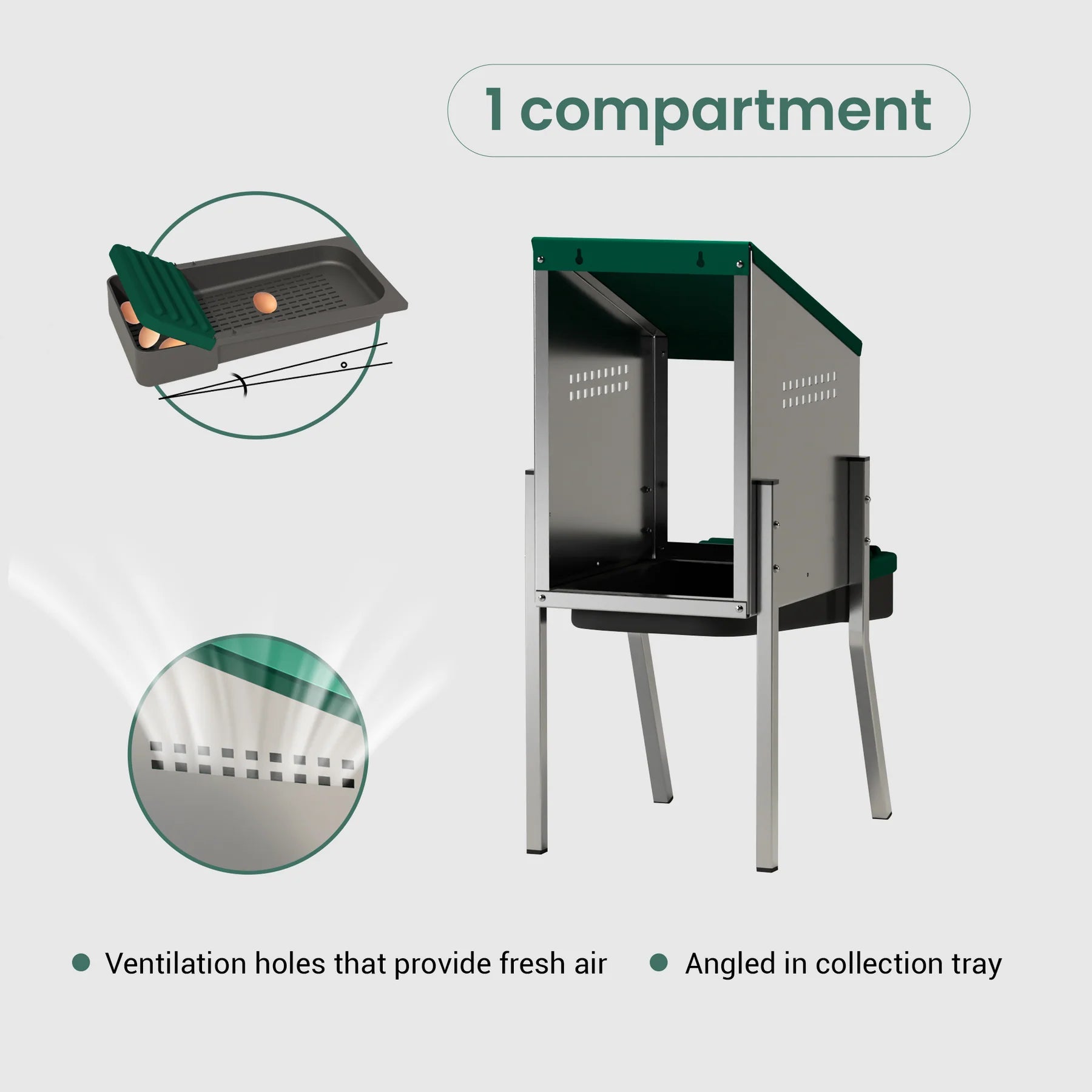 Ventilated 1-compartment rollaway nest box—angled collection tray and airflow slots for hygienic eggs
