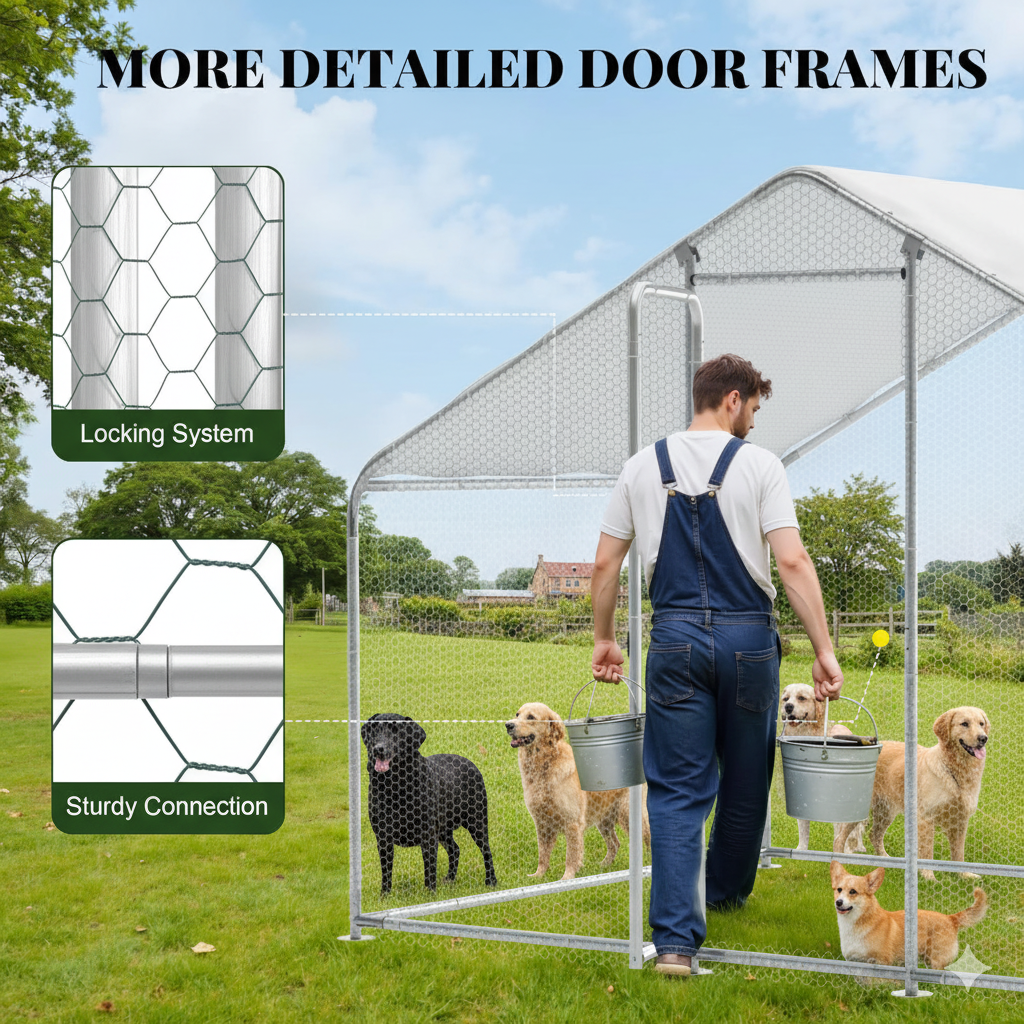 Walk-in dog enclosure with removable weatherproof cover and ground pegs