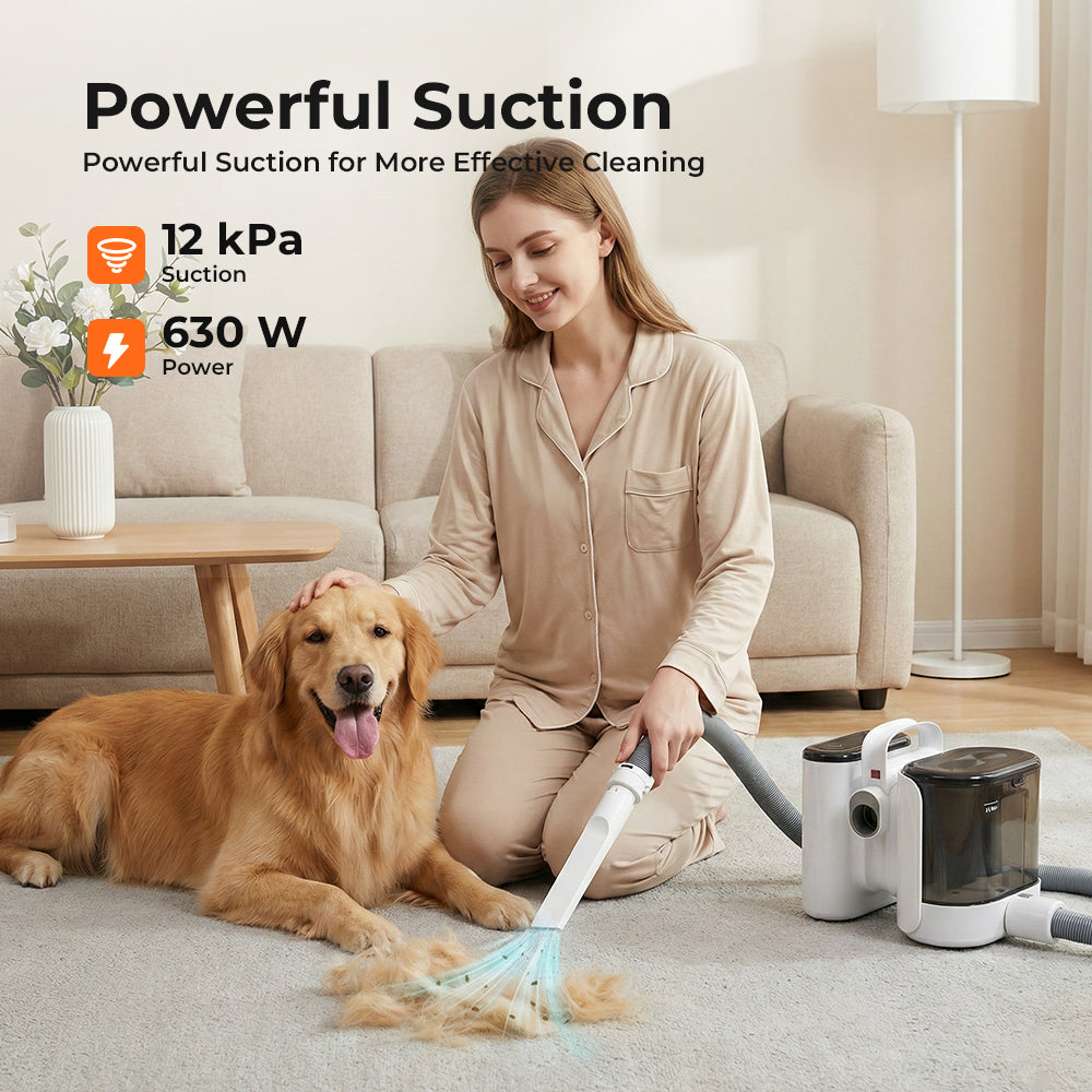 Woman cleaning with a handheld pet grooming vacuum cleaner in a living room with a dog.