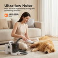 Woman grooming a dog with a pet grooming kit in a living room, emphasizing ultra-low noise level.