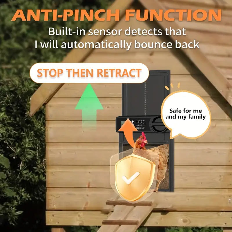 anti-pinch poultry door sensor protecting hen