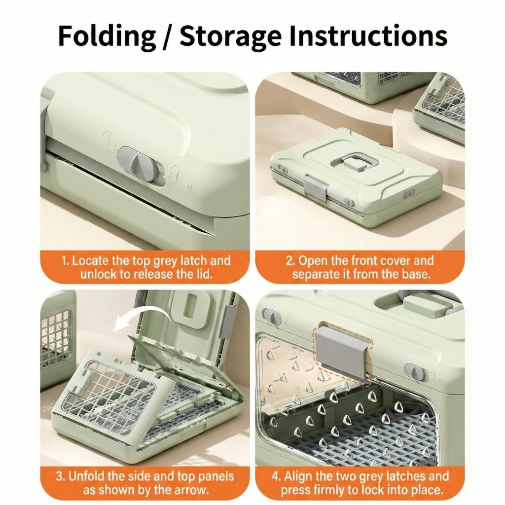 cat carrier Instructions for folding and storing a device with images and text.