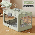 cat carrier Light green pet carrier with dimensions on a wooden floor