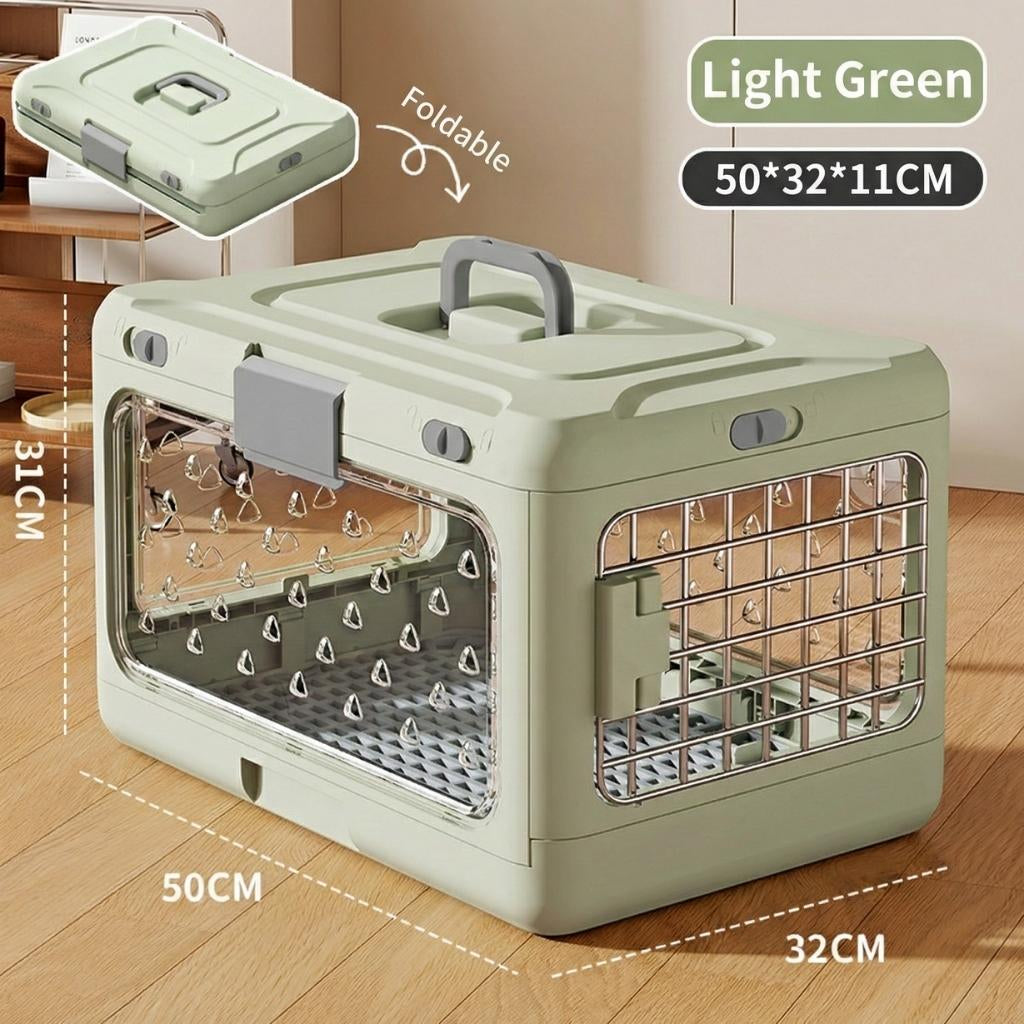 cat carrier Light green pet carrier with dimensions on a wooden floor