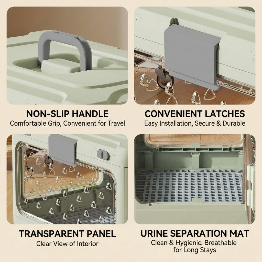 cat carrier features including non-slip handle, convenient latches, transparent panel, and urine separation mat.