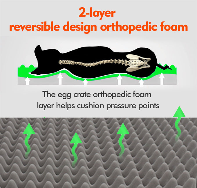 Diagram of a 2-layer reversible design orthopedic foam with an illustration of a skeleton and text explaining its benefits.