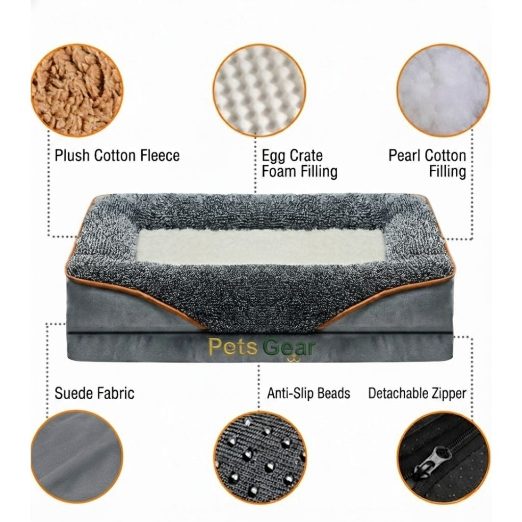 Pets Gear pet bed with material components displayed around it.