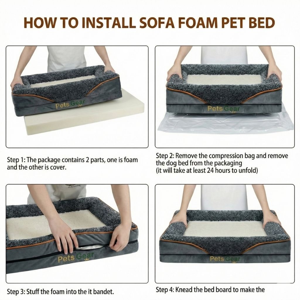 Step-by-step guide on how to install a sofa foam pet bed with text and images.