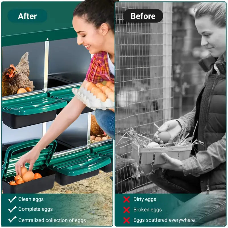 metal roll away nesting box with ventilation slots and removable egg bins