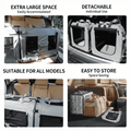 pet car carrier features including extra large space, detachable design, suitability for all models, and easy storage.