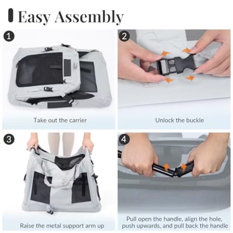 Step-by-step assembly instructions for a pet carrier with text and images.