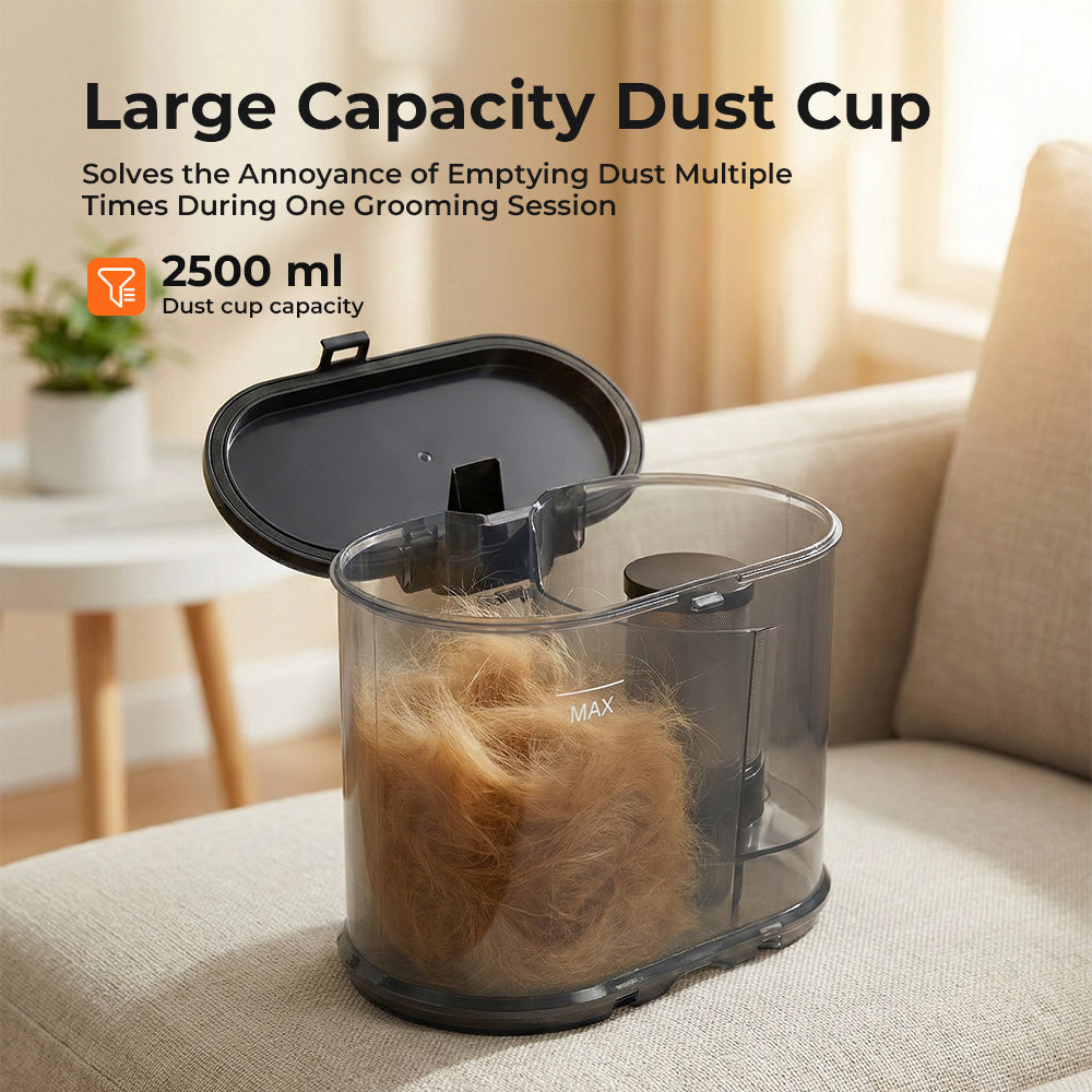 Clear pet grooming tool with collected fur on a beige couch, text highlighting large capacity and ease of use.