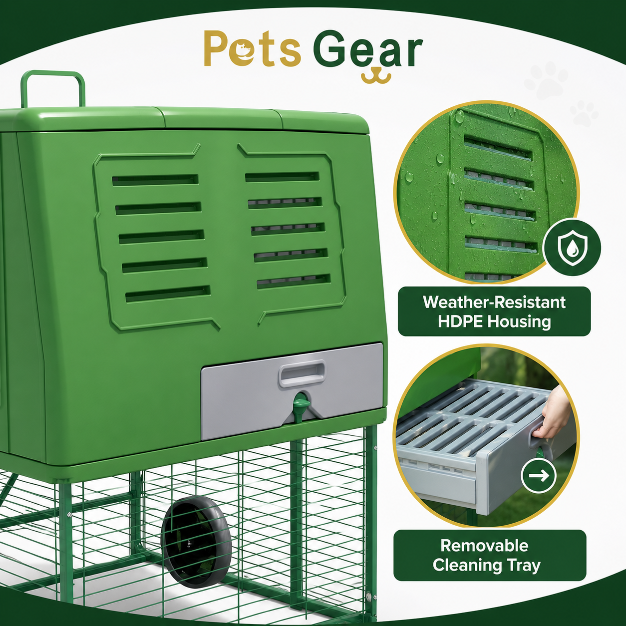Pets Gear chicken coop weather-resistant HDPE housing and removable cleaning tray