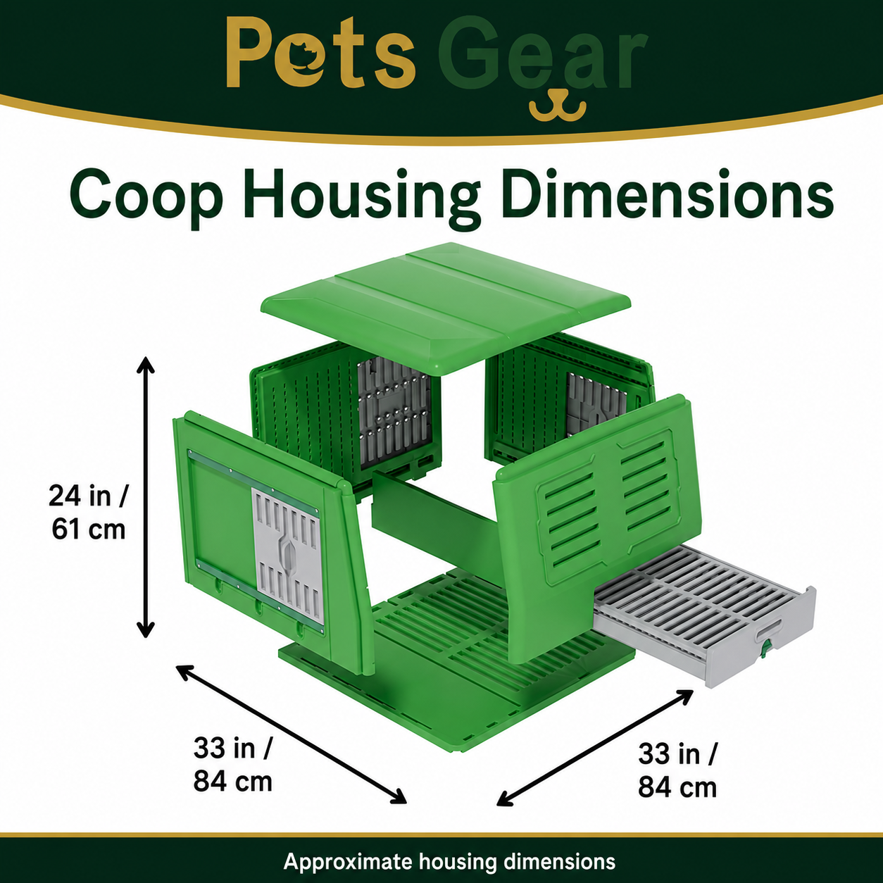 Pets Gear chicken coop housing dimensions: 84 by 84 by 61 centimetres