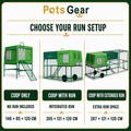 Pets Gear GreenNest chicken coop configurations: coop only, coop with run, and coop with extended run