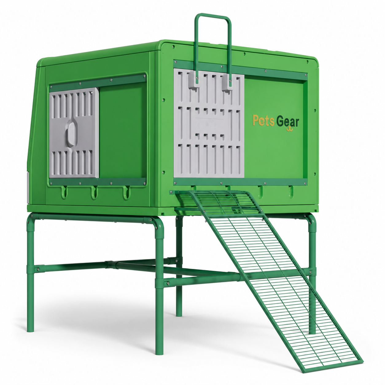 Pets Gear green HDPE chicken coop only with raised base and access ramp, no enclosed run