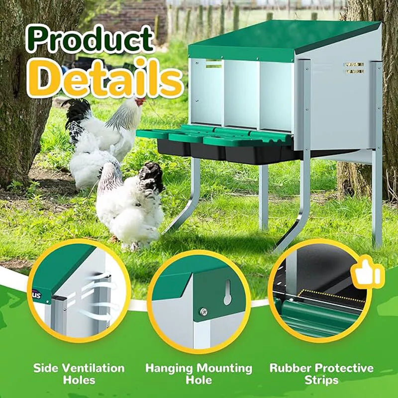 Elevated Chicken Laying Nest Box Roll Away 3-Hole Green