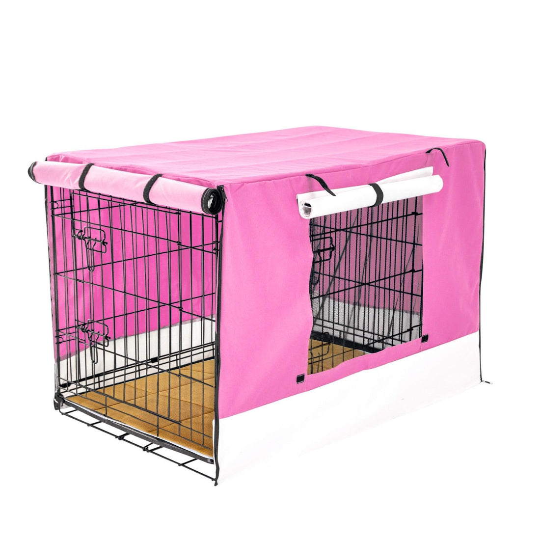 Wire Dog Cage Crate 42in with Tray + Cushion Mat + PINK Cover Combo - Pets Gear