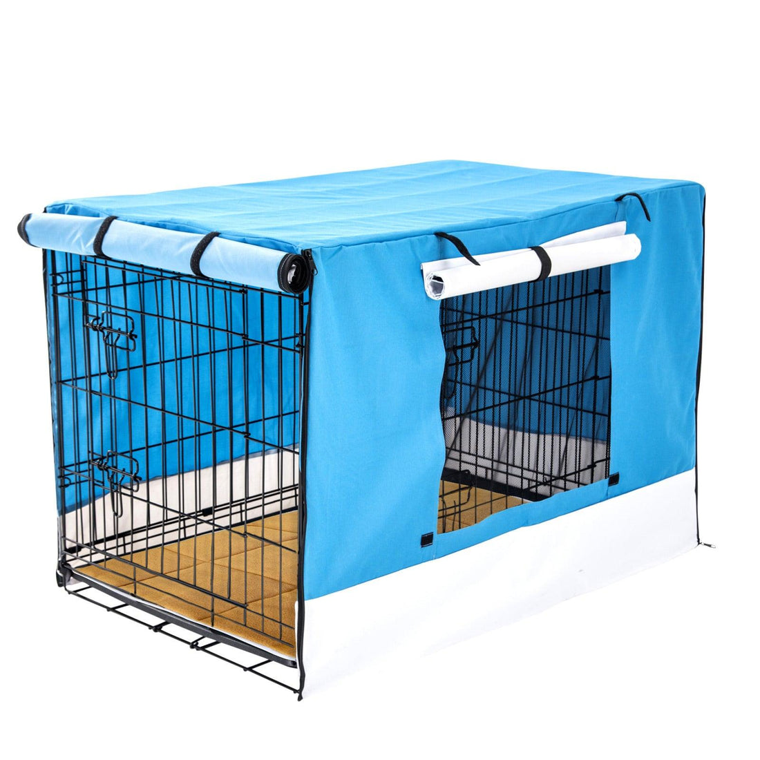 Wire Dog Cage Crate 48in with Tray + Cushion Mat + BLUE Cover Combo - Pets Gear