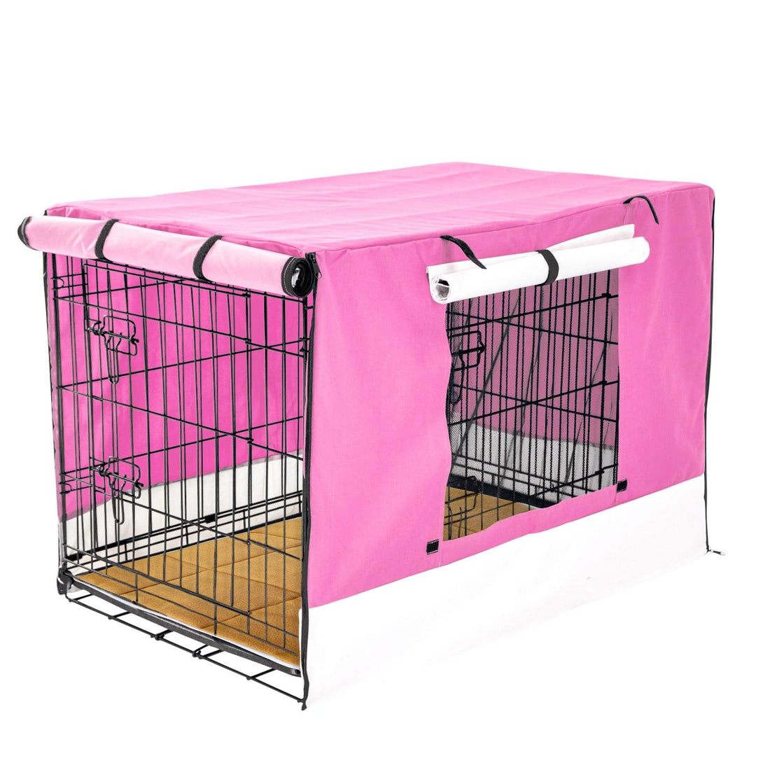 Wire Dog Cage Crate 48in with Tray + Cushion Mat + PINK Cover Combo - Pets Gear